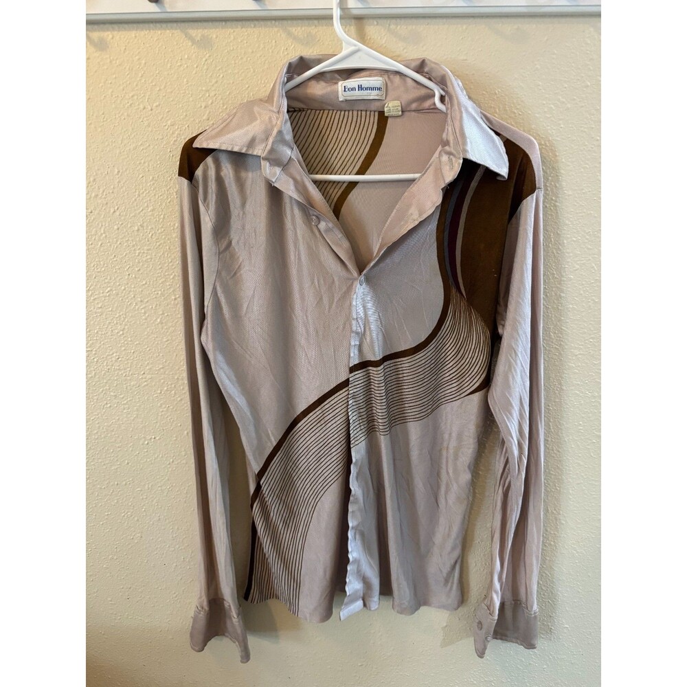 Vintage Bon Homme Disco Shirt Men's 16-16½ Brown Geometric Mod Polyester Button